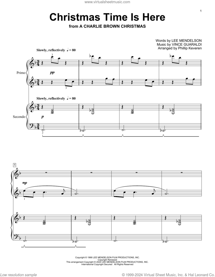 Christmas Time Is Here (arr. Phillip Keveren) sheet music for piano four hands by Vince Guaraldi, Phillip Keveren and Lee Mendelson, intermediate skill level