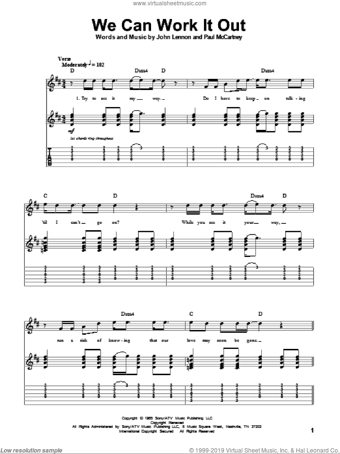 We Can Work It Out sheet music for guitar (tablature, play-along) by The Beatles, John Lennon and Paul McCartney, intermediate skill level