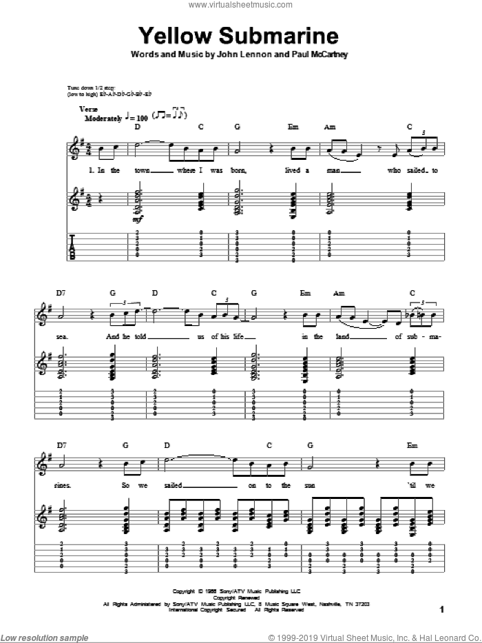 Yellow Submarine sheet music for guitar (tablature, play-along) by The Beatles, John Lennon and Paul McCartney, intermediate skill level