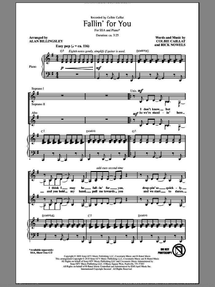 Fallin' For You (arr. Alan Billingsley) sheet music for choir (SSA: soprano, alto) by Colbie Caillat, Rick Nowels and Alan Billingsley, intermediate skill level