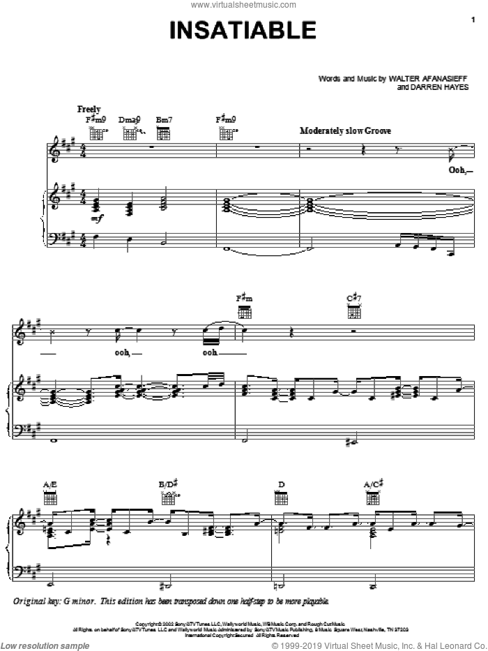 Insatiable sheet music for voice, piano or guitar by Darren Hayes and Walter Afanasieff, intermediate skill level