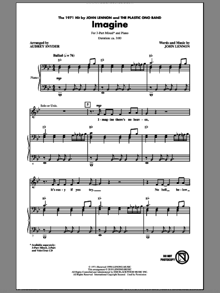 Imagine (arr. Audrey Snyder) sheet music for choir (3-Part Mixed) by John Lennon and Audrey Snyder, intermediate skill level