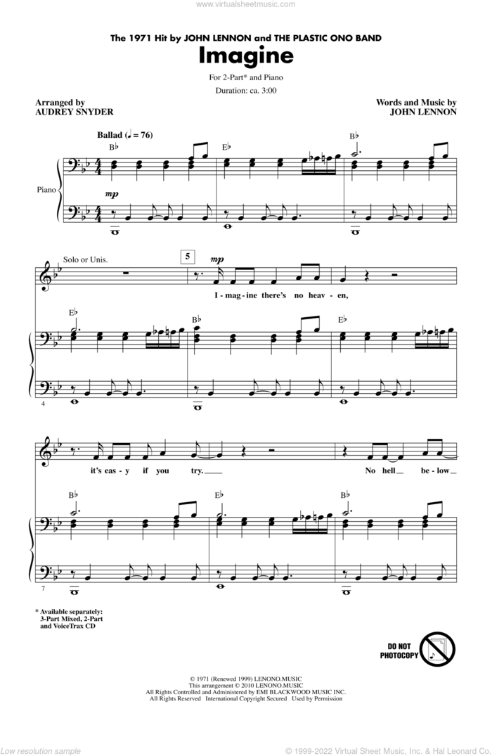 Imagine (arr. Audrey Snyder) sheet music for choir (2-Part) by John Lennon and Audrey Snyder, intermediate duet