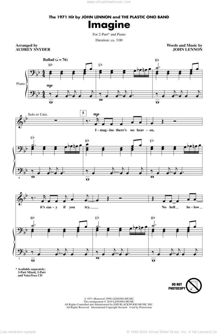 Imagine (arr. Audrey Snyder) sheet music for choir (2-Part) by John Lennon and Audrey Snyder, intermediate duet