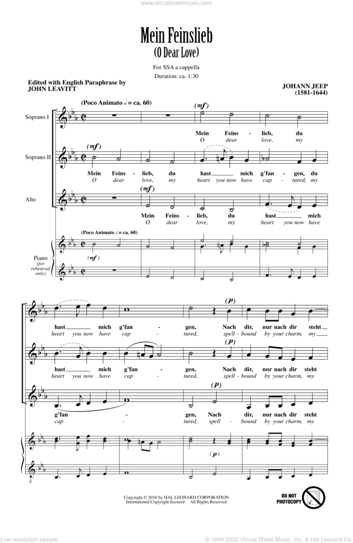 O Dear Love (Mein Feinslieb) sheet music for choir (SSA: soprano, alto) by John Leavitt and Johann Jeep, intermediate skill level