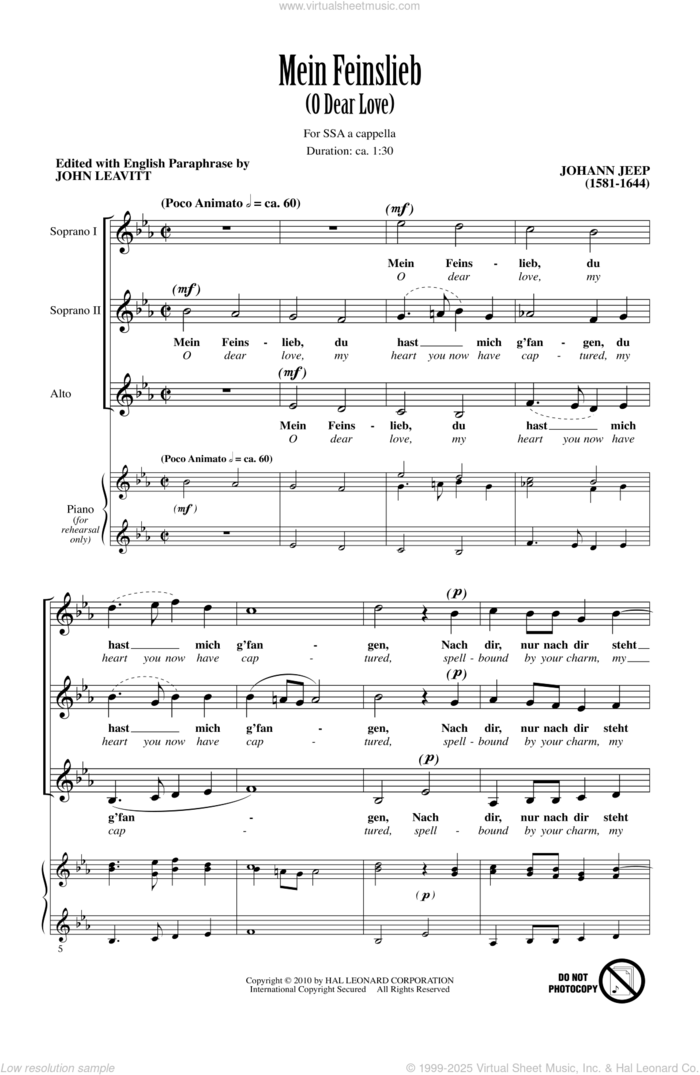 O Dear Love (Mein Feinslieb) sheet music for choir (SSA: soprano, alto) by John Leavitt and Johann Jeep, intermediate skill level