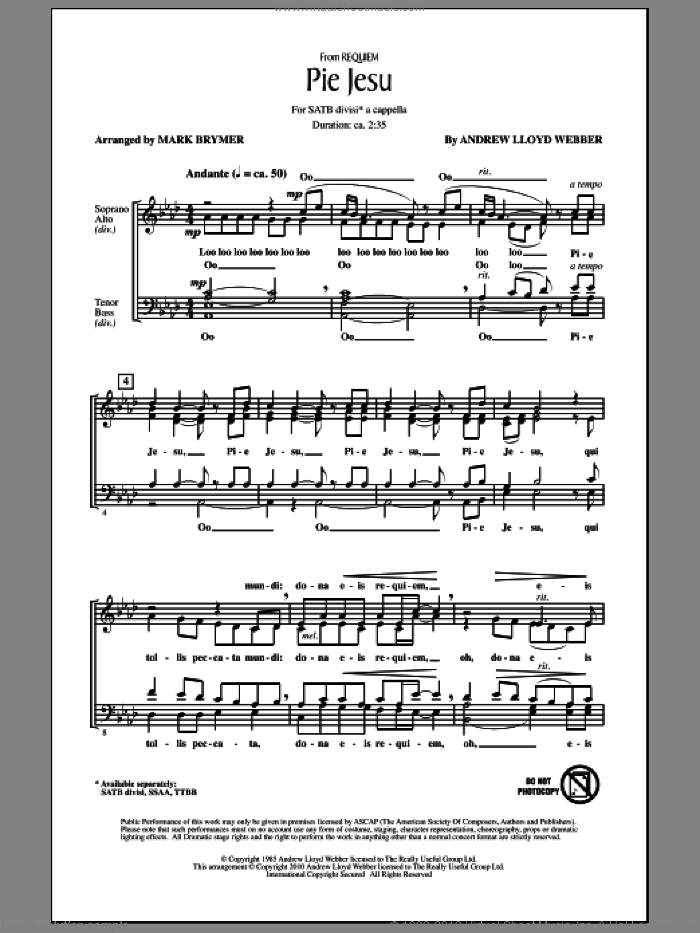 Pie Jesu (from Requiem) sheet music for choir (SATB: soprano, alto, tenor, bass) by Andrew Lloyd Webber and Mark Brymer, intermediate skill level