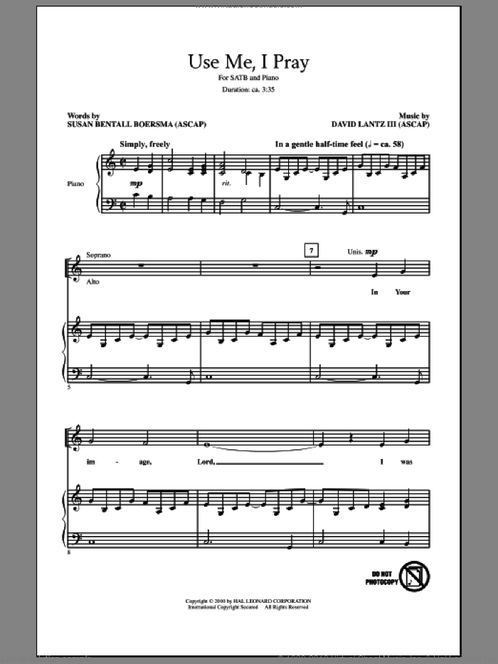 Use Me, I Pray sheet music for choir (SATB: soprano, alto, tenor, bass) by David Lantz and Susan Bentall Boersma, intermediate skill level