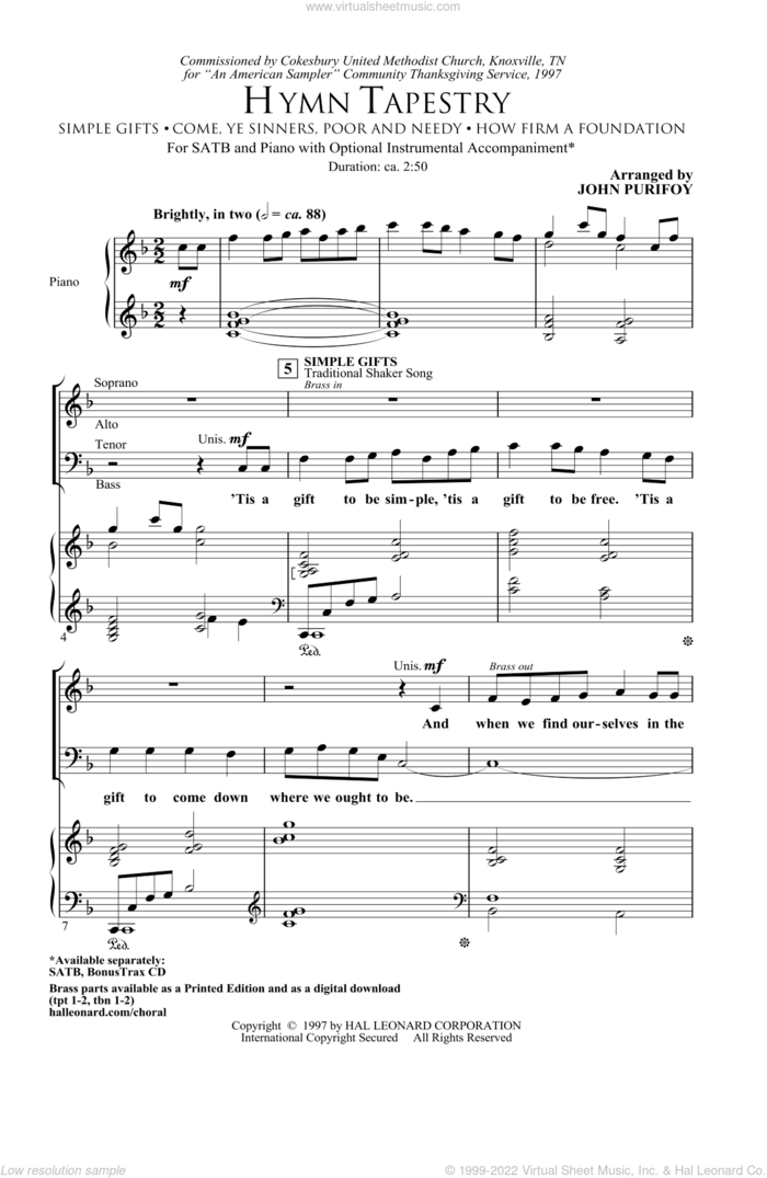 Hymn Tapestry sheet music for choir (SATB: soprano, alto, tenor, bass) by John Purifoy, intermediate skill level