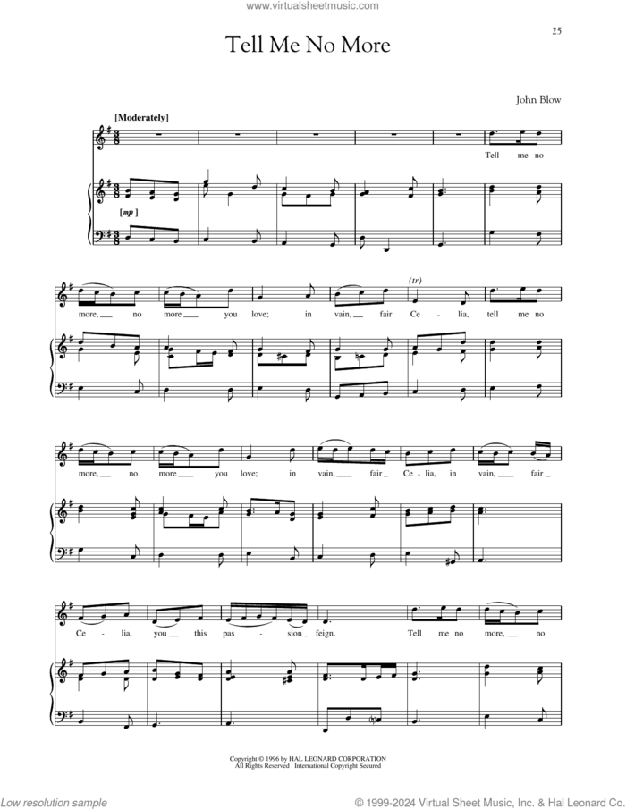 Tell Me No More sheet music for voice and piano (High Voice) by John Blow, Richard Walters and Steven Stolen, classical score, intermediate skill level