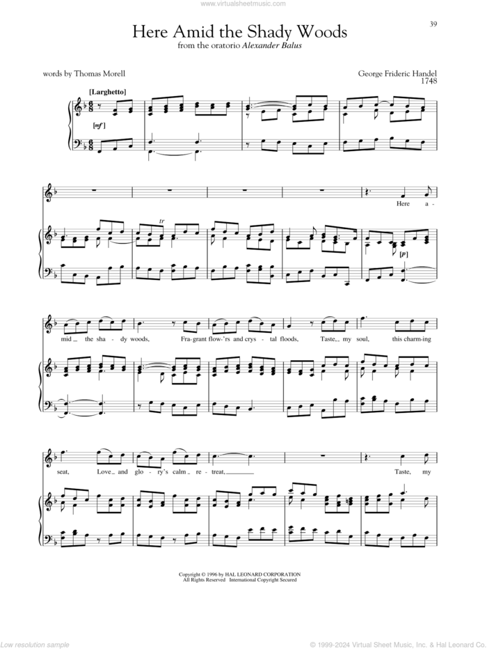 Here Amid The Shady Woods sheet music for voice and piano (High Voice) by George Frideric Handel, Richard Walters and Steven Stolen, classical score, intermediate skill level