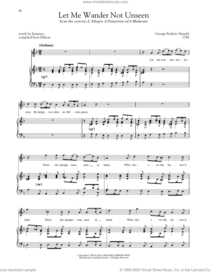 Let Me Wander Not Unseen sheet music for voice and piano (High Voice) by George Frideric Handel, Richard Walters, Steven Stolen, Compiled from Milton and Jennens, classical score, intermediate skill level