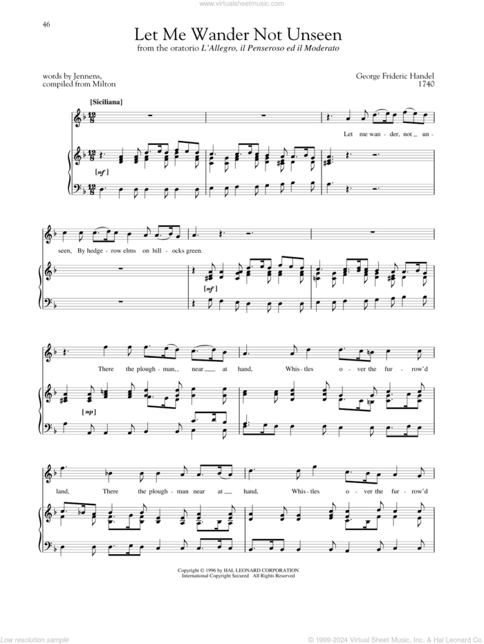 Let Me Wander Not Unseen sheet music for voice and piano (High Voice) by George Frideric Handel, Richard Walters, Steven Stolen, Compiled from Milton and Jennens, classical score, intermediate skill level