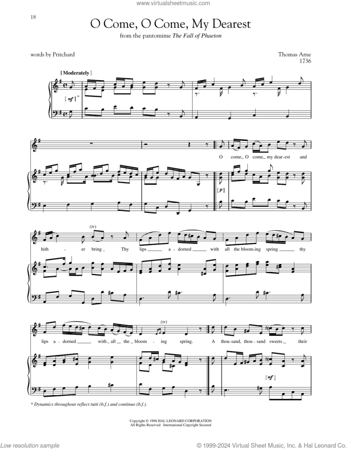 O Come, O Come, My Dearest sheet music for voice and piano (High Voice) by Thomas Arne, Richard Walters, Steven Stolen and Pritchard, intermediate skill level