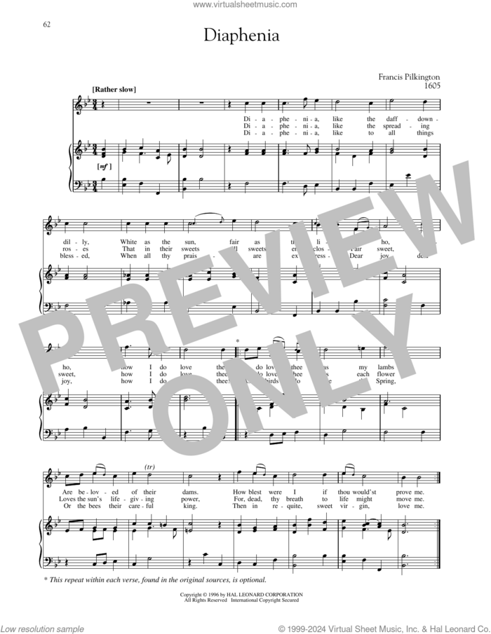 Diaphenia sheet music for voice and piano (High Voice) by Francis Pilkington, Richard Walters and Steven Stolen, classical score, intermediate skill level