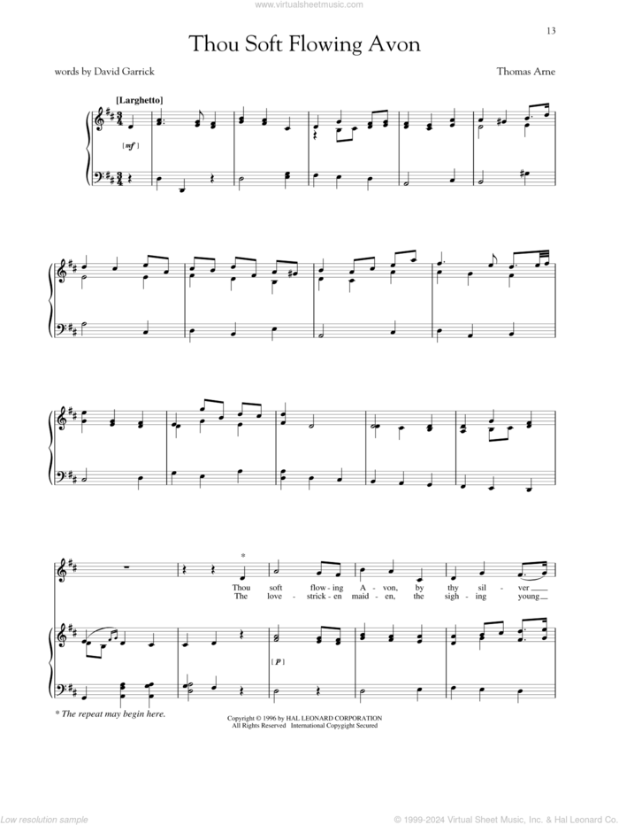 Thou Soft Flowing Avon sheet music for voice and piano (High Voice) by Thomas Arne, Richard Walters, Steven Stolen and David Garrick, intermediate skill level