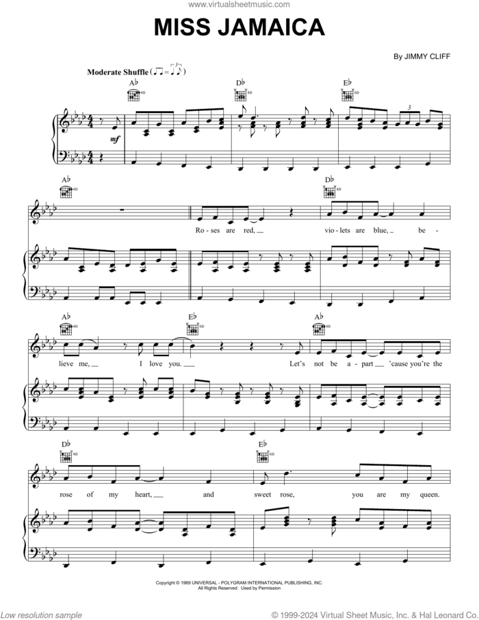 Miss Jamaica sheet music for voice, piano or guitar by Jimmy Cliff, intermediate skill level