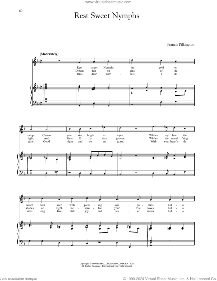 Rest, Sweet Nymphs sheet music for voice and piano (High Voice) by Francis Pilkington, Richard Walters and Steven Stolen, classical score, intermediate skill level