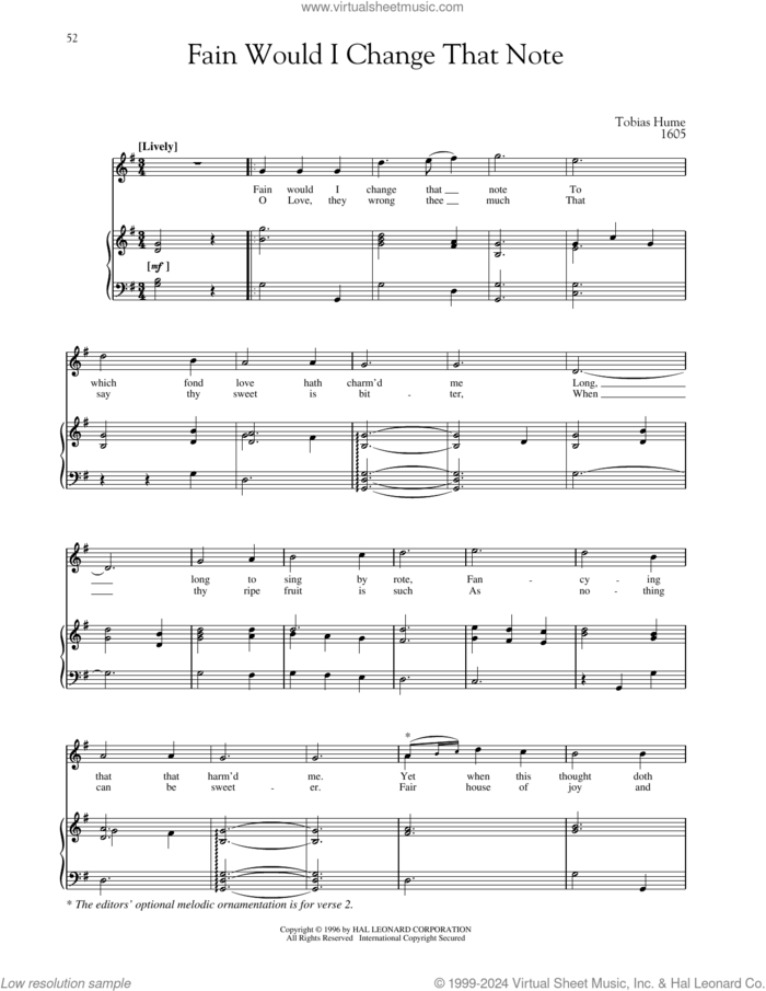 Fain Would I Change That Note sheet music for voice and piano (High Voice) by Tobias Hume, Richard Walters and Steven Stolen, classical score, intermediate skill level