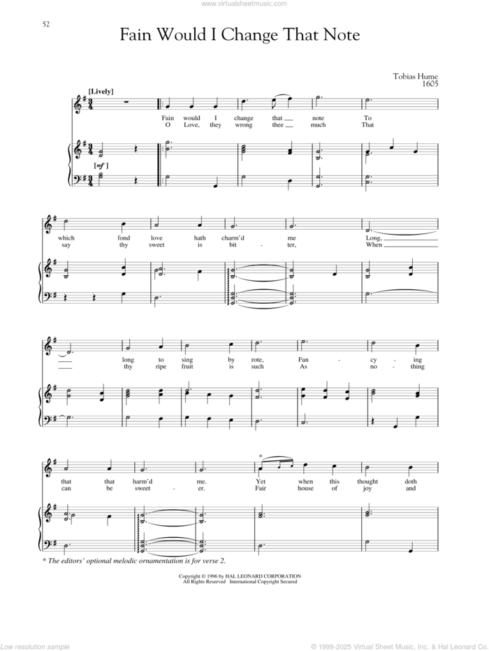 Fain Would I Change That Note sheet music for voice and piano (High Voice) by Tobias Hume, Richard Walters and Steven Stolen, classical score, intermediate skill level