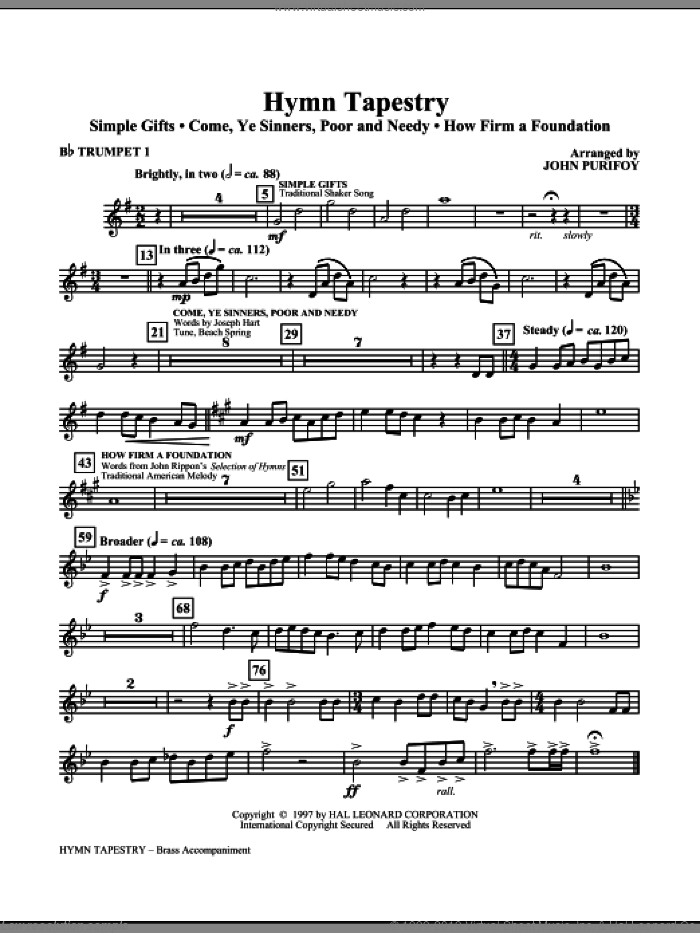 Hymn Tapestry (complete set of parts) sheet music for orchestra/band (Brass) by John Purifoy, intermediate skill level