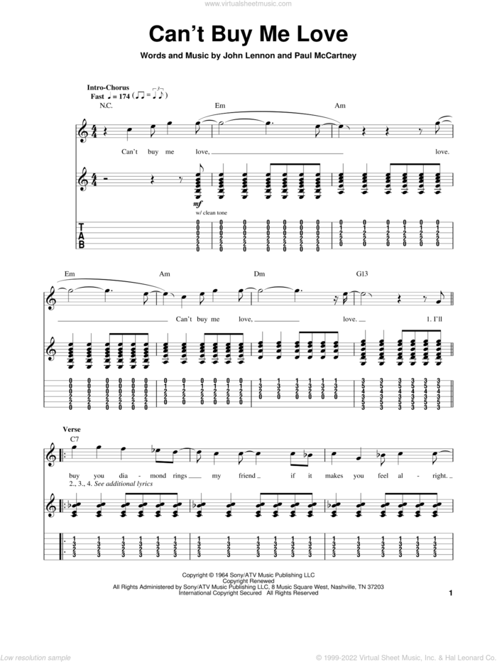 Can't Buy Me Love sheet music for guitar (tablature, play-along) by The Beatles, John Lennon and Paul McCartney, intermediate skill level