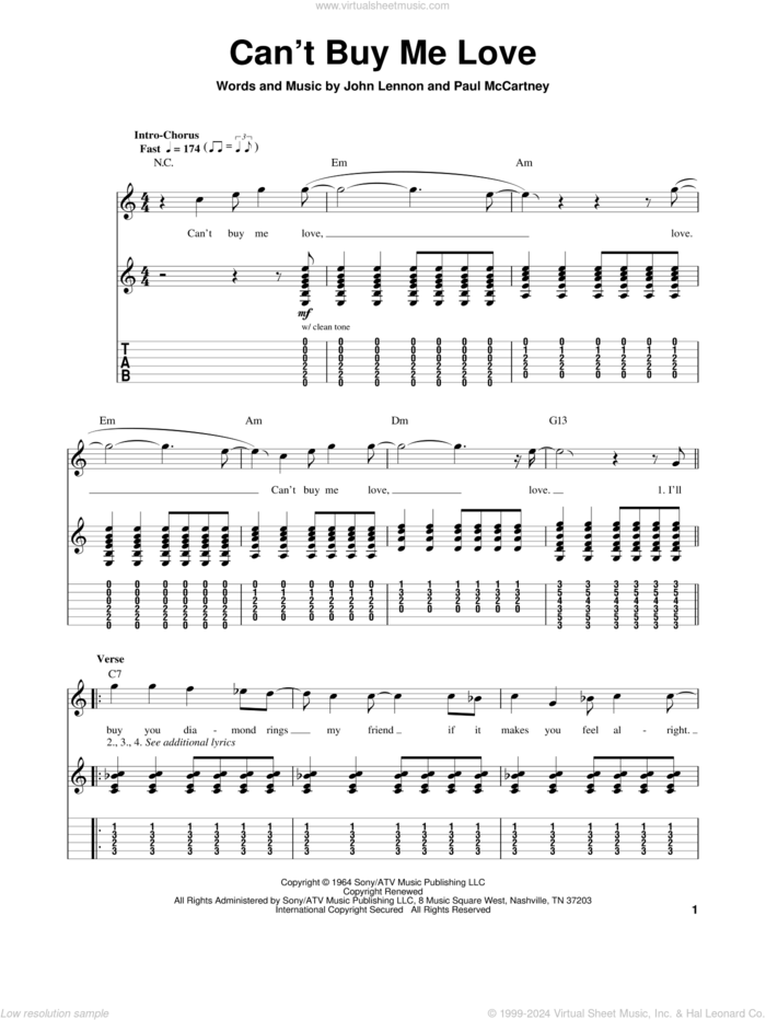 Can't Buy Me Love sheet music for guitar (tablature, play-along) by The Beatles, John Lennon and Paul McCartney, intermediate skill level