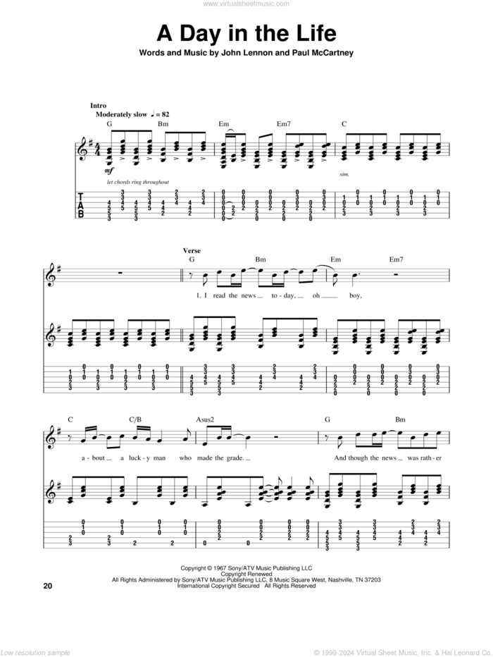 A Day In The Life sheet music for guitar (tablature, play-along) by The Beatles, John Lennon and Paul McCartney, intermediate skill level