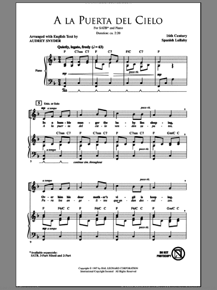 A La Puerta Del Cielo sheet music for choir (SATB: soprano, alto, tenor, bass) by Audrey Snyder and Miscellaneous, intermediate skill level