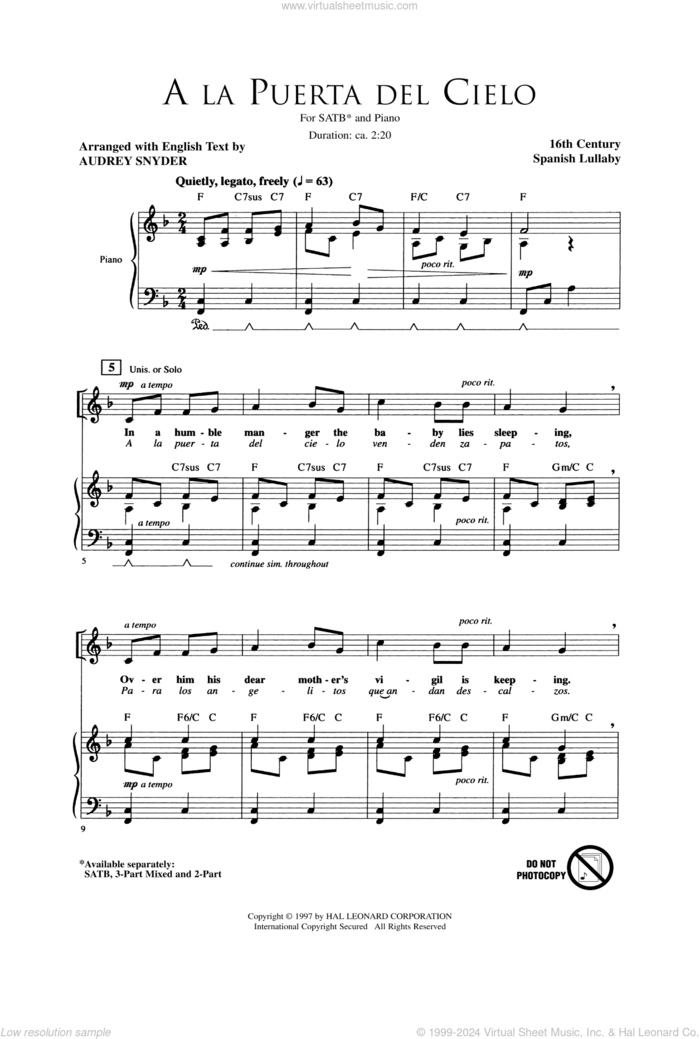 A La Puerta Del Cielo sheet music for choir (SATB: soprano, alto, tenor, bass) by Audrey Snyder and Miscellaneous, intermediate skill level