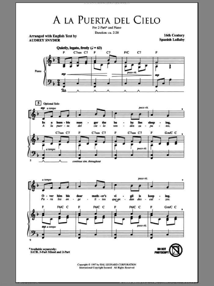 A La Puerta Del Cielo sheet music for choir (2-Part) by Audrey Snyder and Miscellaneous, intermediate duet