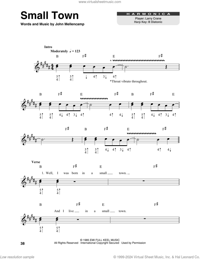 Small Town sheet music for harmonica solo by John Mellencamp, intermediate skill level