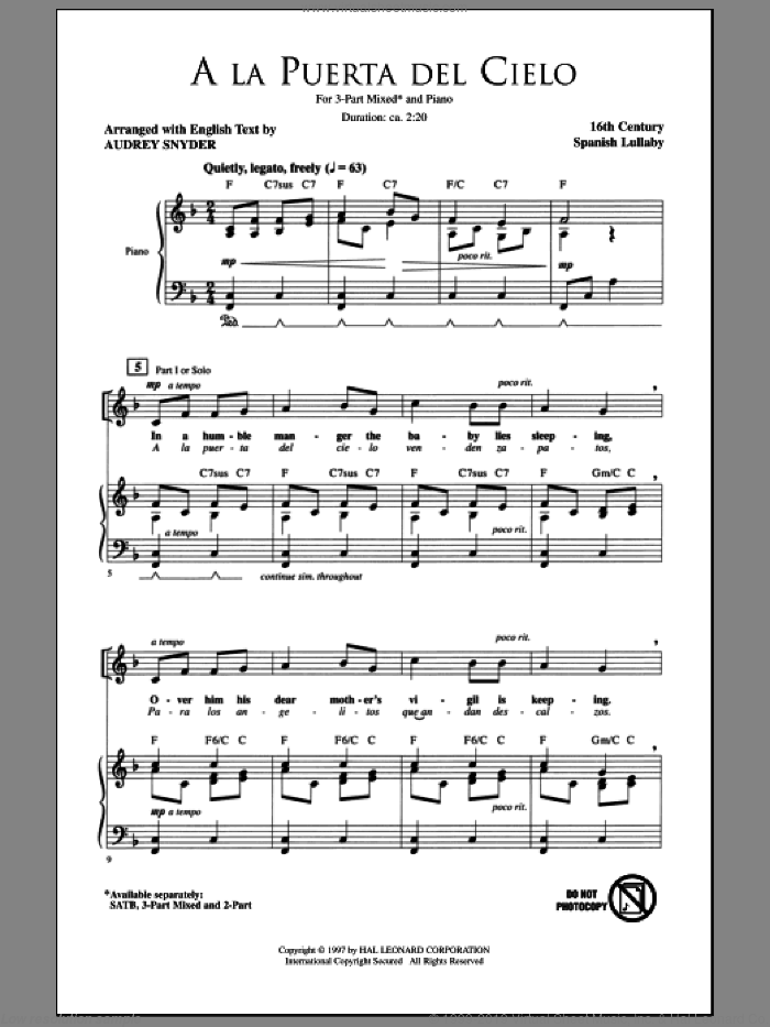 A La Puerta Del Cielo sheet music for choir (3-Part Mixed) by Audrey Snyder and Miscellaneous, intermediate skill level