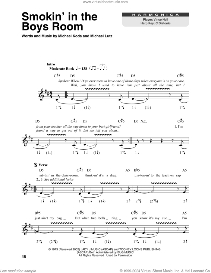 Smokin' In The Boys Room sheet music for harmonica solo by Motley Crue, Brownsville Station, Michael Koda and Michael Lutz, intermediate skill level