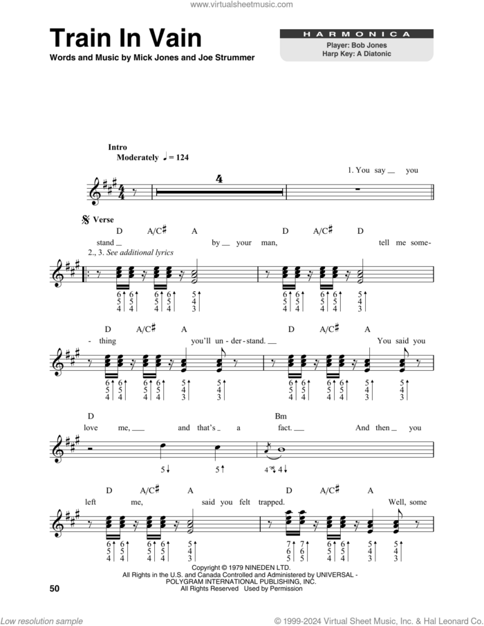 Train In Vain sheet music for harmonica solo by The Clash, Annie Lennox, Joe Strummer and Mick Jones, intermediate skill level