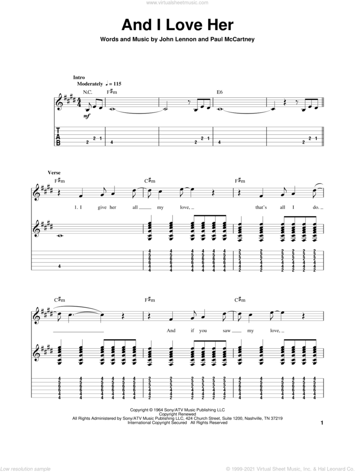 And I Love Her sheet music for guitar (tablature, play-along) by The Beatles, John Lennon and Paul McCartney, wedding score, intermediate skill level