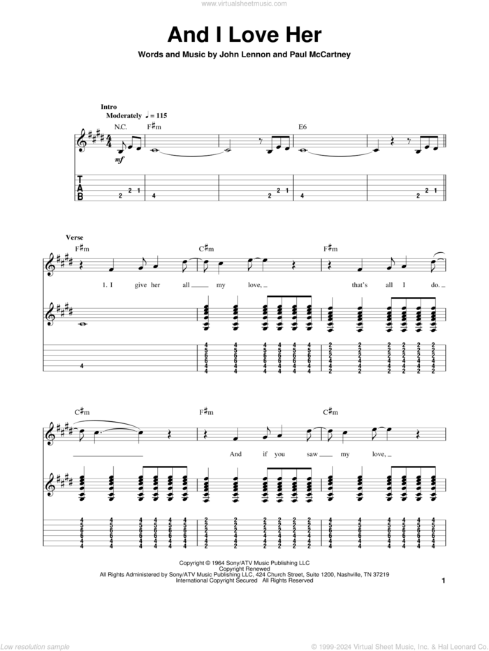 And I Love Her sheet music for guitar (tablature, play-along) by The Beatles, John Lennon and Paul McCartney, wedding score, intermediate skill level