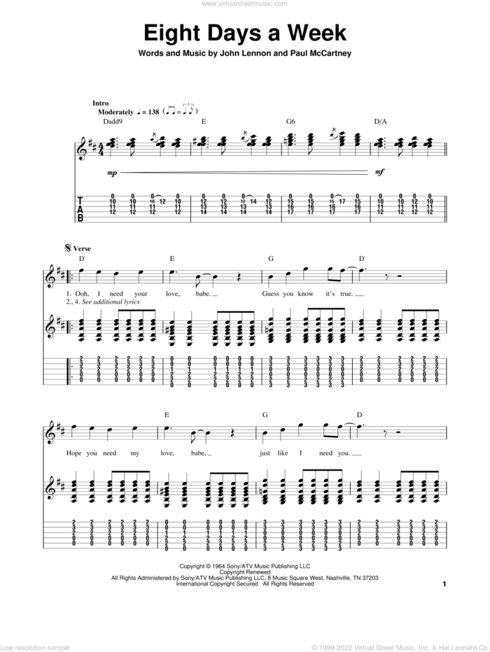 Eight Days A Week sheet music for guitar (tablature, play-along) by The Beatles, John Lennon and Paul McCartney, intermediate skill level