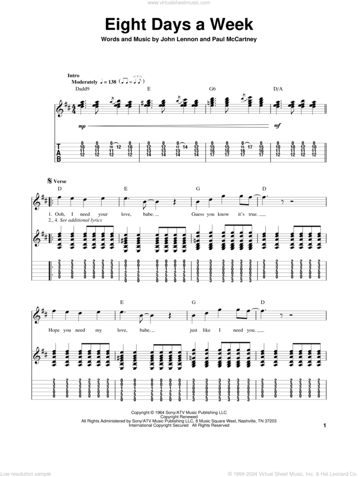 Eight Days A Week sheet music for guitar (tablature, play-along) by The Beatles, John Lennon and Paul McCartney, intermediate skill level