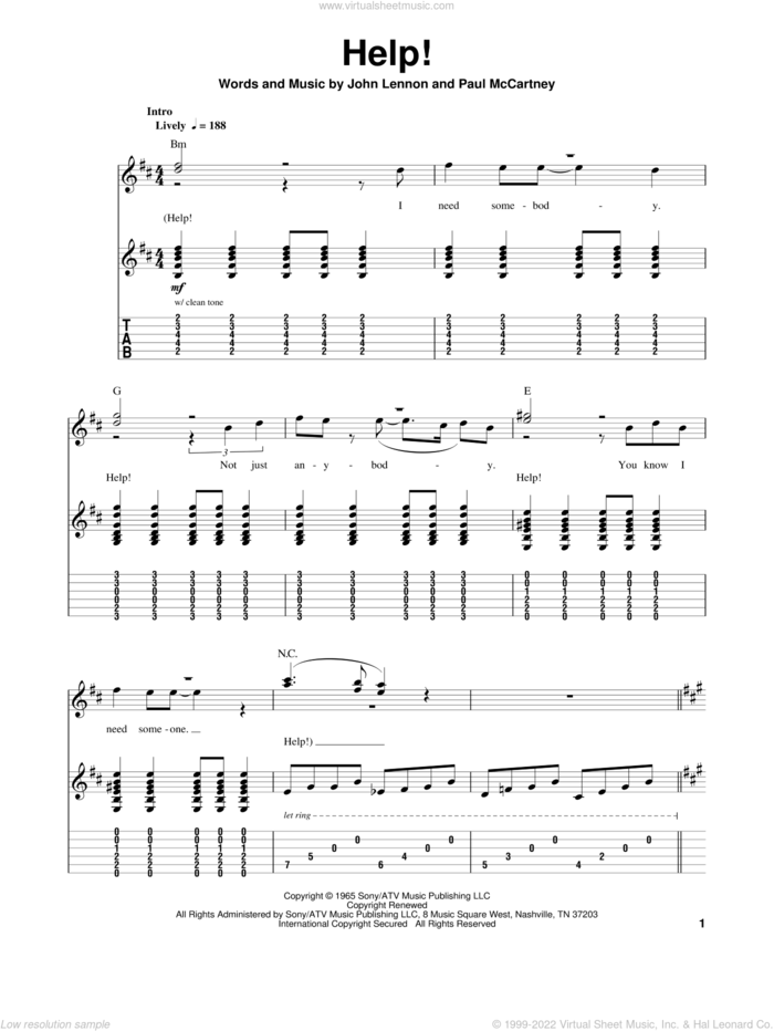 Help! sheet music for guitar (tablature, play-along) by The Beatles, John Lennon and Paul McCartney, intermediate skill level
