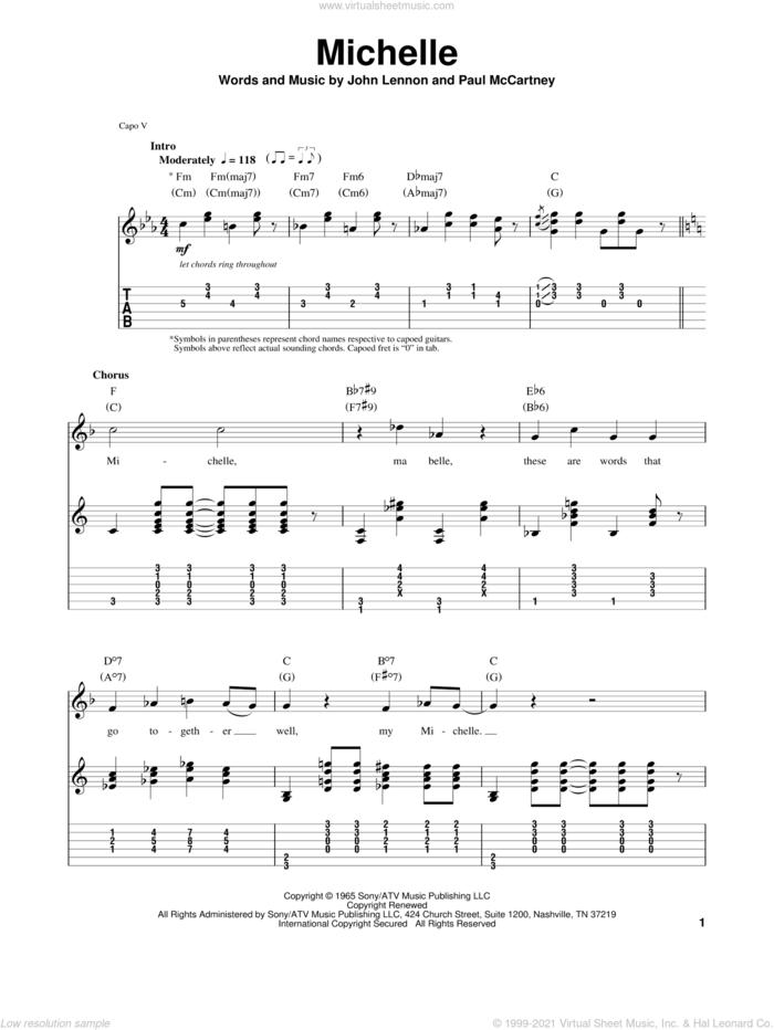 Michelle sheet music for guitar (tablature, play-along) by The Beatles, John Lennon and Paul McCartney, intermediate skill level