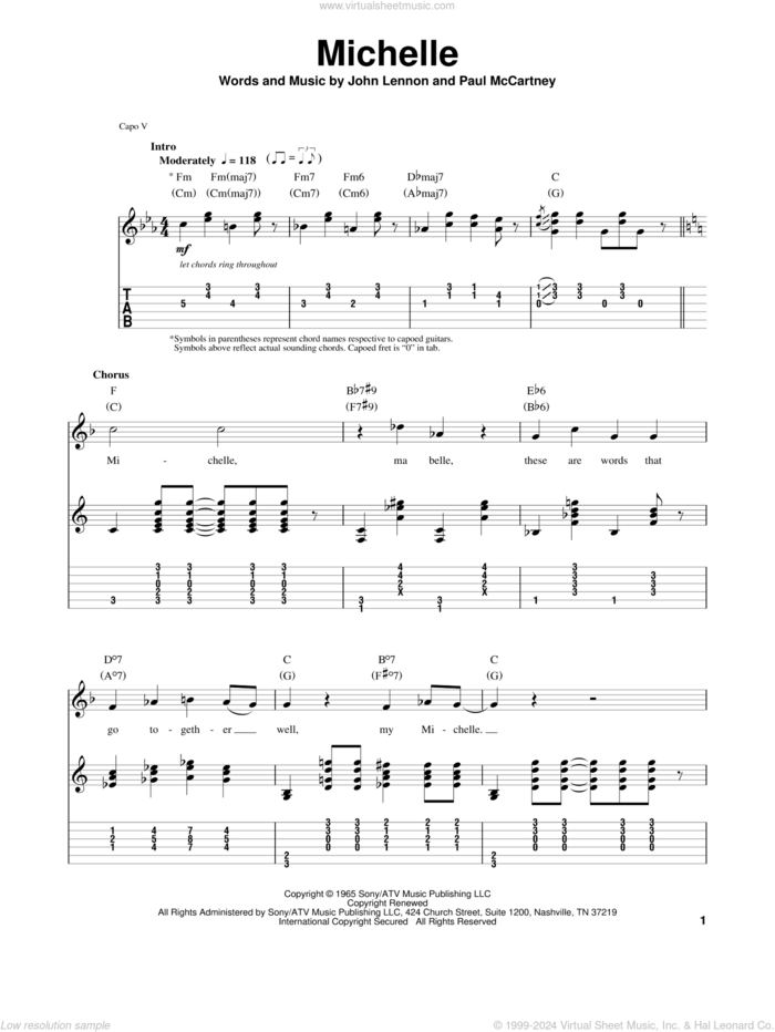 Michelle sheet music for guitar (tablature, play-along) by The Beatles, John Lennon and Paul McCartney, intermediate skill level