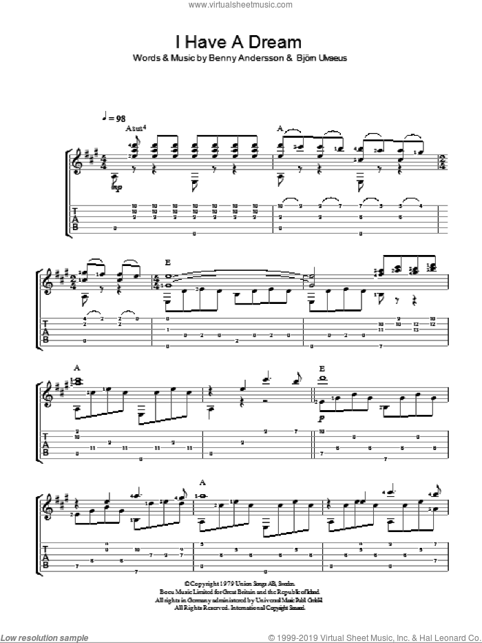 I Have A Dream sheet music for guitar solo (easy tablature) by ABBA, Westlife, Benny Andersson and Bjorn Ulvaeus, easy guitar (easy tablature)
