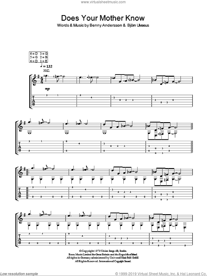 Does Your Mother Know sheet music for guitar solo (easy tablature) by ABBA, Benny Andersson and Bjorn Ulvaeus, easy guitar (easy tablature)