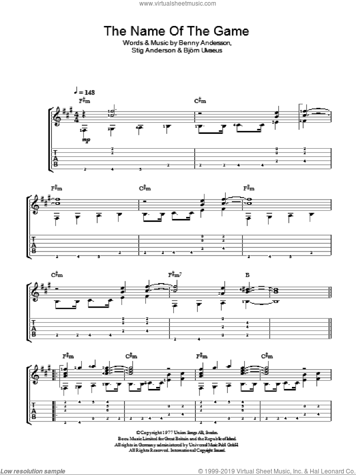 The Name Of The Game sheet music for guitar solo (easy tablature) by ABBA, Benny Andersson, Bjorn Ulvaeus and Stig Anderson, easy guitar (easy tablature)