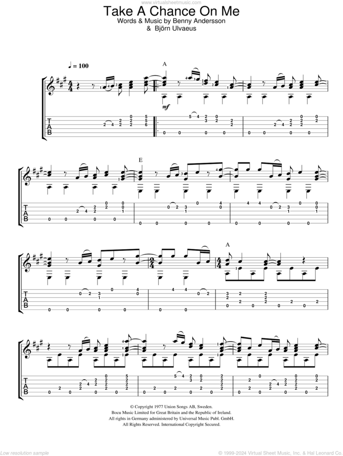 Take A Chance On Me sheet music for guitar solo (easy tablature)