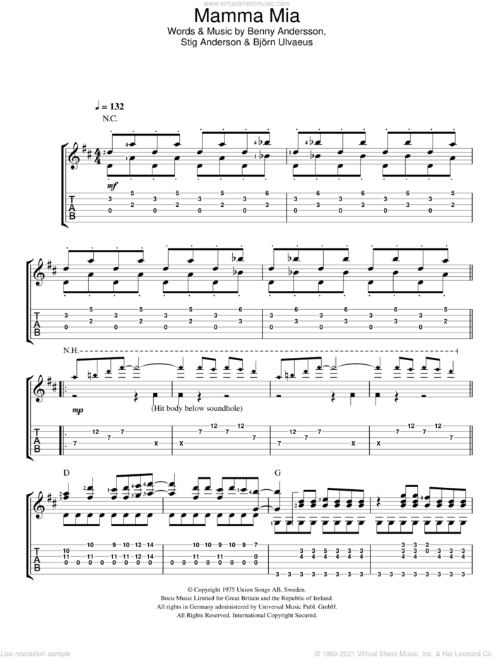 Mamma Mia sheet music for guitar solo (easy tablature) by ABBA, Benny Andersson, Bjorn Ulvaeus and Stig Anderson, easy guitar (easy tablature)