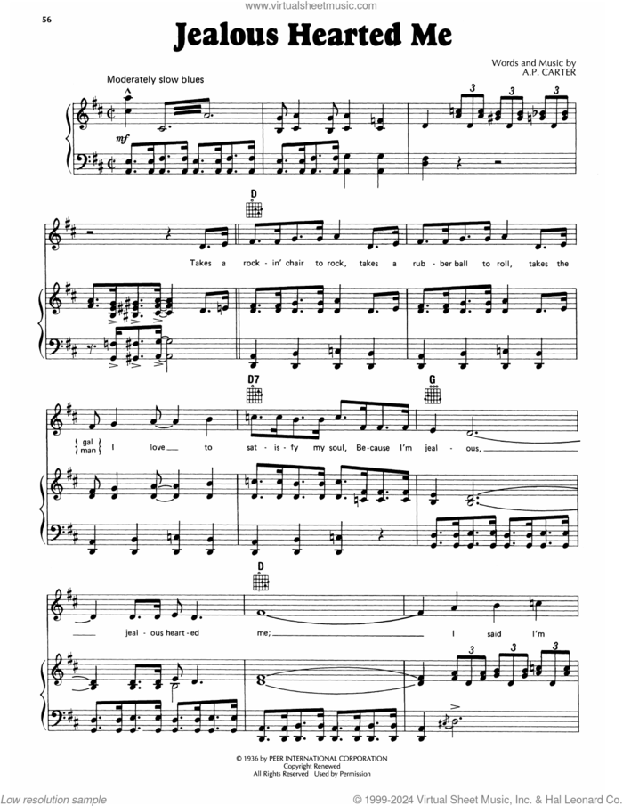 Jealous Hearted Me sheet music for voice, piano or guitar by A.P. Carter, intermediate skill level