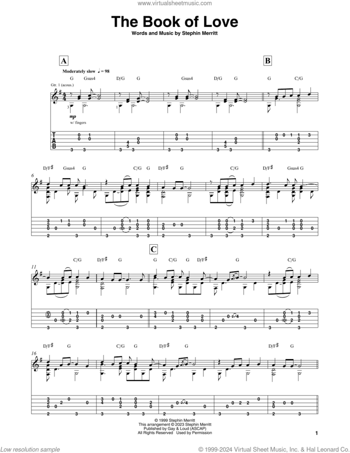 The Book Of Love sheet music for guitar solo by The Magnetic Fields, Mark Hanson, Peter Gabriel and Stephin Merritt, intermediate skill level