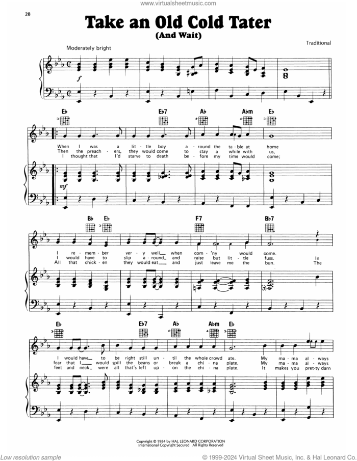 Take An Old Cold Tater (And Wait) sheet music for voice, piano or guitar, intermediate skill level